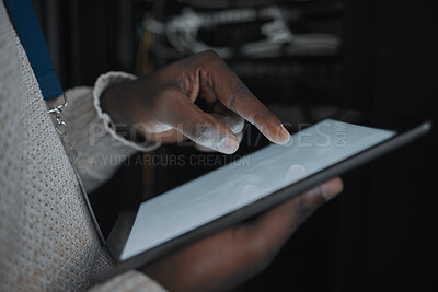 Buy stock photo Tablet screen, mockup or IT black man hands in data center on research, communication or typing in server room. Scroll, search or girl on tech for networking, social media or reading website content