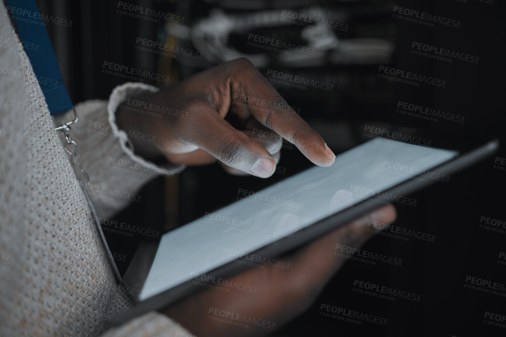 Buy stock photo Tablet screen, mockup or IT black man hands in data center on research, communication or typing in server room. Scroll, search or girl on tech for networking, social media or reading website content