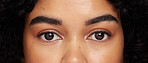 Eyes, eyebrow and beauty with face, microblading and black woman in closeup, makeup and lashes with vision. Dermatology, optometry and eye care with skincare, natural cosmetics and cosmetology