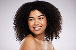 Dermatology, cosmetics and smile on face, black woman with afro advertising luxury makeup product promo. Skincare, beauty and facial skin care aesthetic on happy model isolated on studio background.