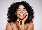 Beauty, skincare and black woman isolated on studio background for cosmetics, foundation and natural self love. Happy, young and model face or afro person from USA with dermatology results or makeup