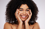 Portrait, beauty and afro with a black woman in studio on a gray background for natural hair treatment. Face, skincare and haircare with an attractive young female model posing to promote cosmetics