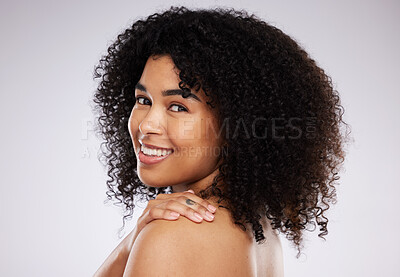 Black woman, smile and afro in studio portrait with beauty, wellness and  cosmetic skincare glow by background. Young gen z model, african and hair  care with clean face, natural and healthy aesthetic |