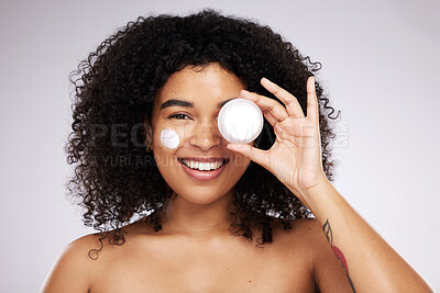 Buy stock photo Beauty, cream product and portrait of black woman for skincare, wellness and healthy skin in studio. Dermatology, luxury spa and happy girl with face lotion for makeup, cosmetics and facial treatment