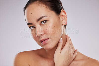 Buy stock photo Skincare, face and beauty portrait of a woman in studio for beauty, dermatology and cosmetics for skin. Aesthetic asian model person with makeup glow and facial self care on grey background