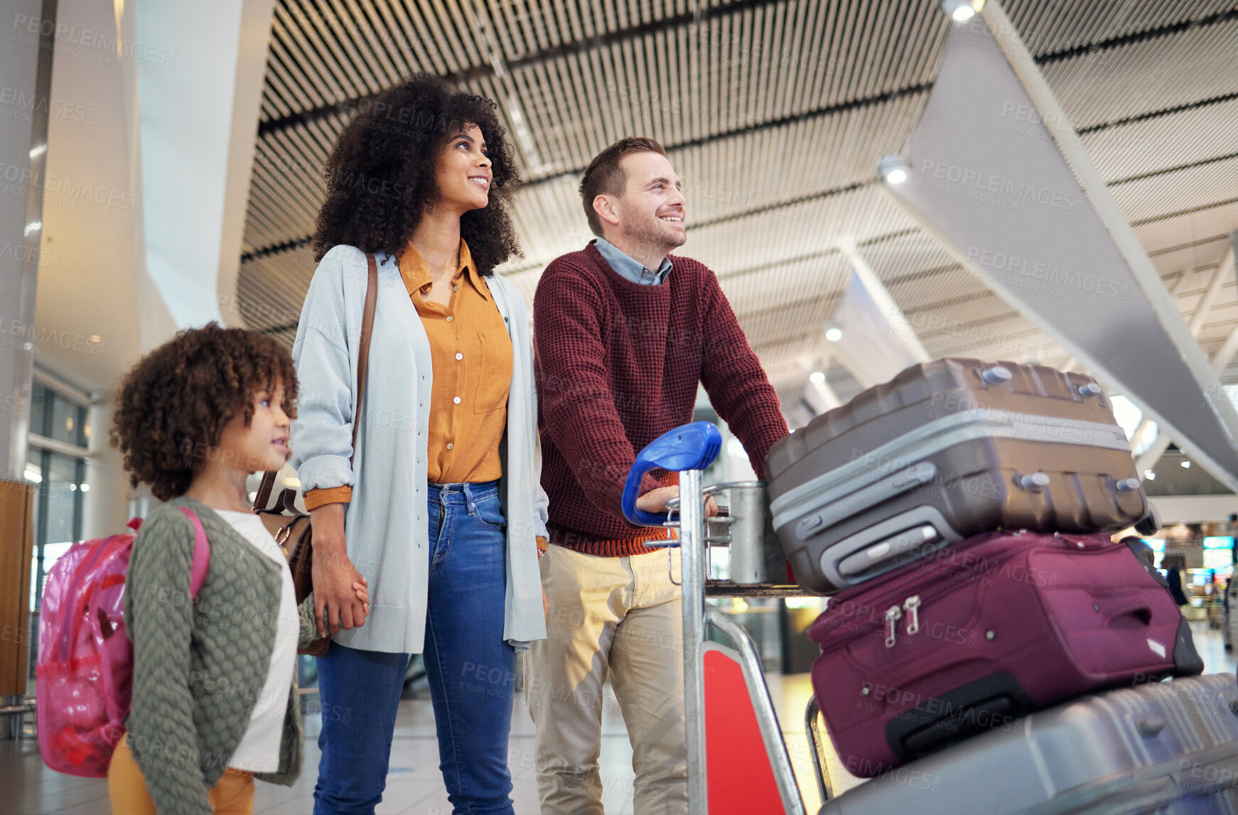 Buy stock photo Travel, airport and happy family with luggage for holiday, vacation or immigration for international journey. Suitcase, bag and black woman or diversity parents with child or kid walking together