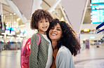 Travel, airport and happy portrait of mother and girl excited for adventure, family holiday and vacation. International journey, global transport and mom smile with child waiting for flight departure