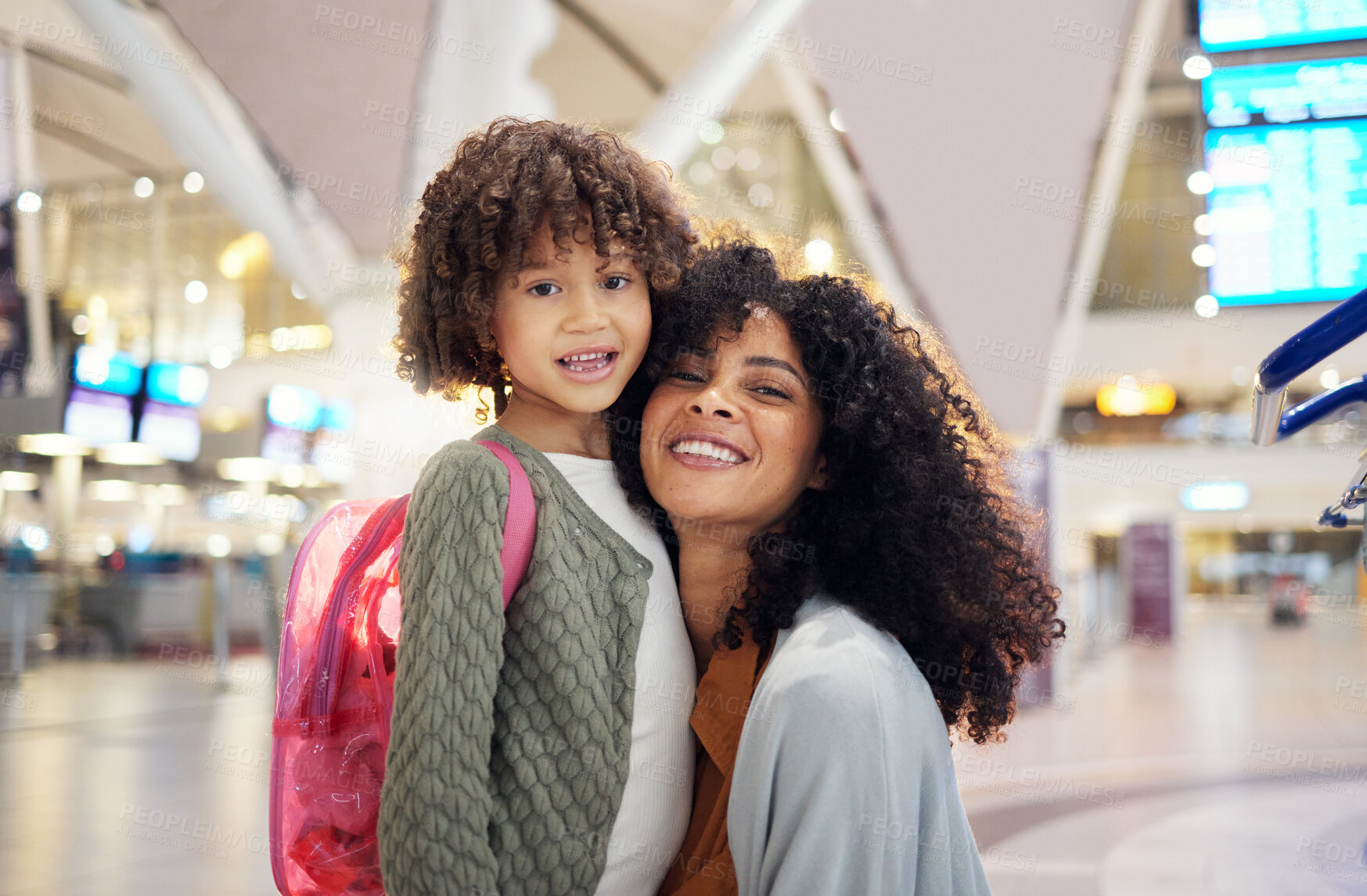 Buy stock photo Travel, airport and happy portrait of mother and girl excited for adventure, family holiday and vacation. International journey, global transport and mom smile with child waiting for flight departure