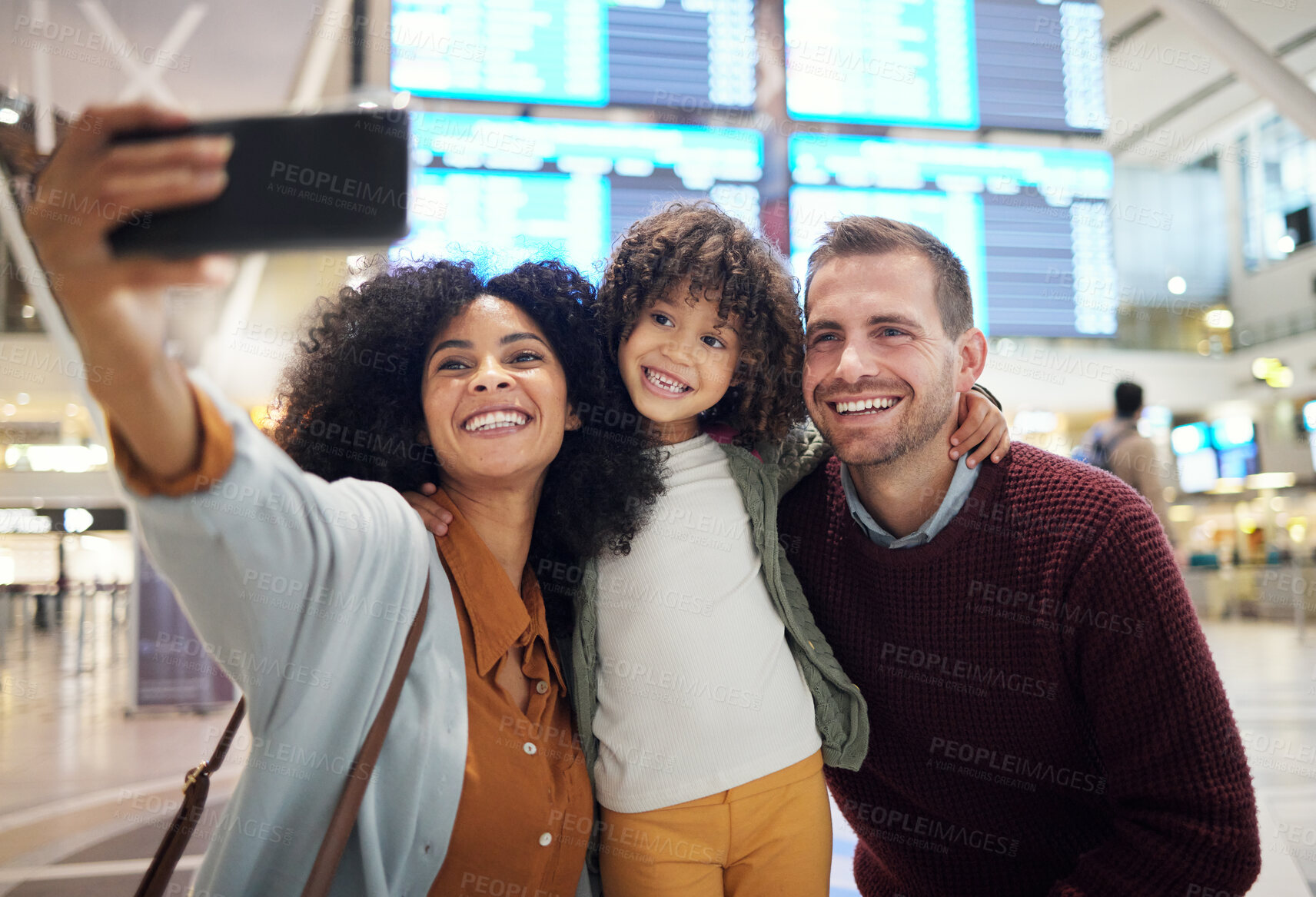 Buy stock photo Family selfie, airport and girl with parents for travel, diversity and interracial bonding with smile. Man, happy black woman and female child with smartphone for profile picture on social media app