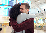 Couple, hug and farewell at airport for travel, trip or flight in goodbye for long distance relationship. Man and woman hugging before traveling, departure or immigration arrival waiting for airline