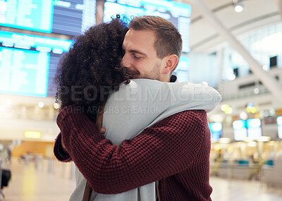 Buy stock photo Couple, hug and farewell at airport for travel, trip or flight in goodbye for long distance relationship. Man and woman hugging before traveling, departure or immigration arrival waiting for airline