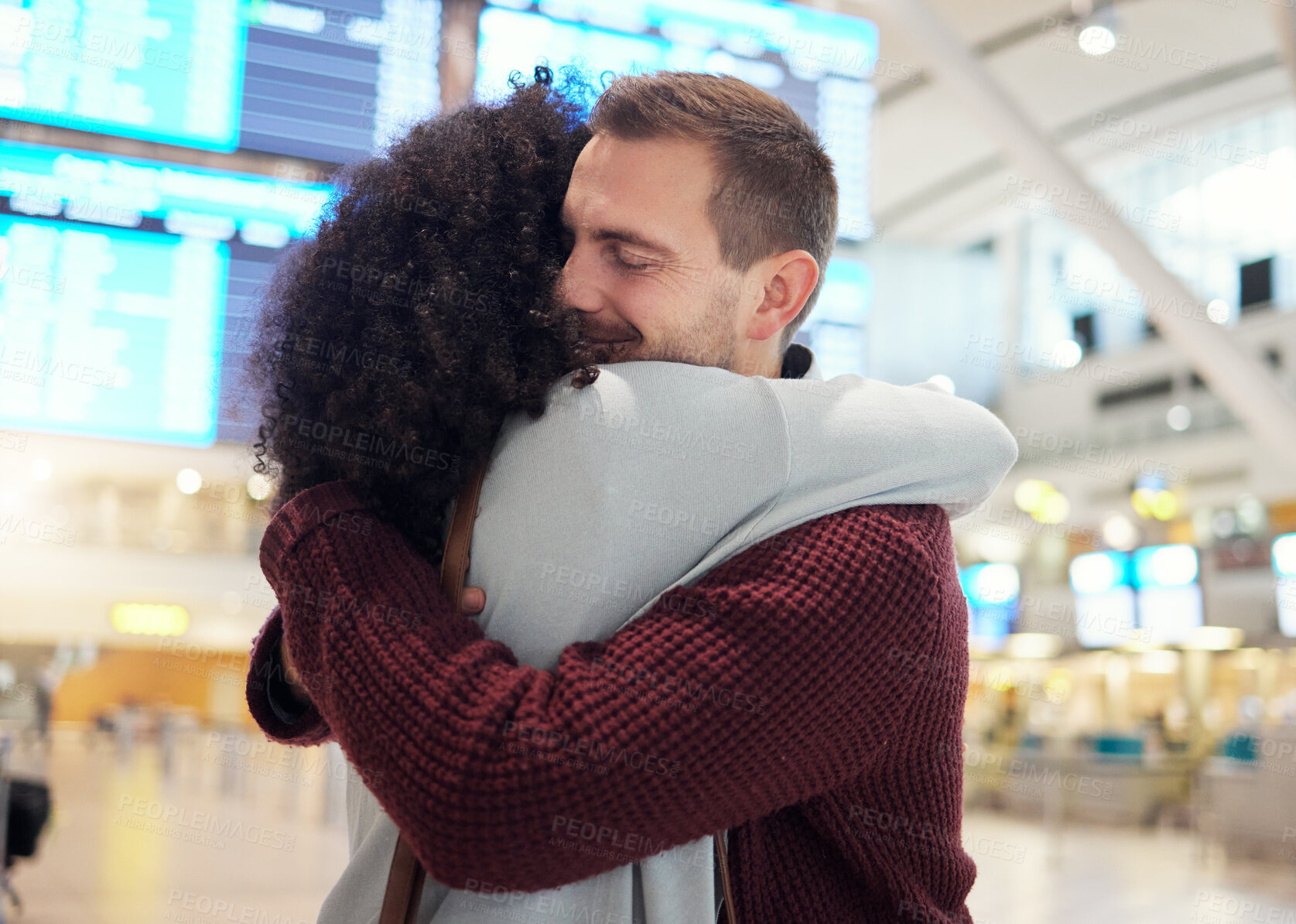 Buy stock photo Couple, hug and farewell at airport for travel, trip or flight in goodbye for long distance relationship. Man and woman hugging before traveling, departure or immigration arrival waiting for airline