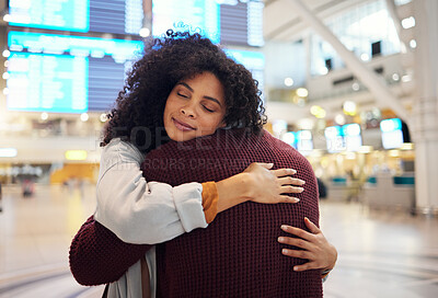 Buy stock photo Couple, hug and embracing goodbye at airport for travel, trip or flight in farewell for long distance relationship. Man and woman hugging before traveling, departure or immigration and arrival