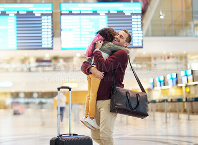 Buy stock photo Family, father and child hug at airport, travel and girl greeting man after flight, happiness and love with luggage at terminal. Happy, care and bond with trip, bag and welcome home with reunion