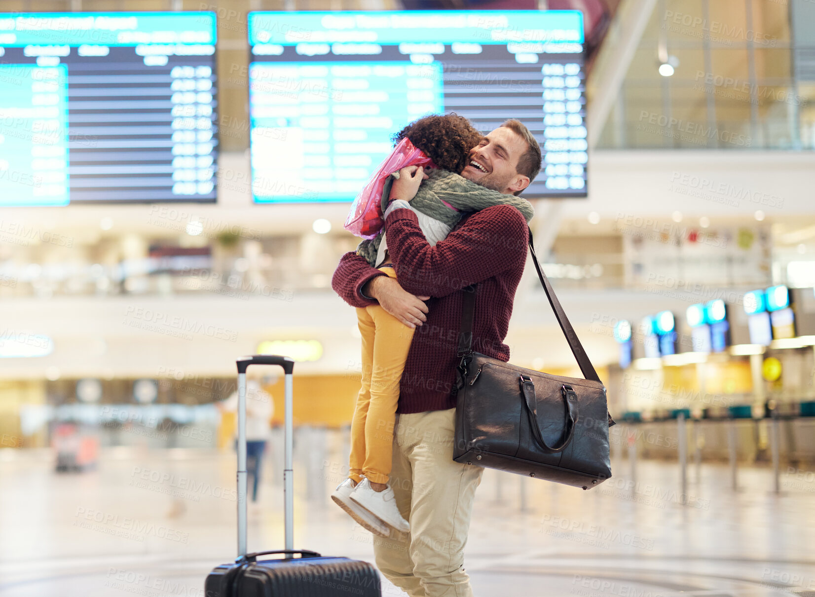 Buy stock photo Family, father and child hug at airport, travel and girl greeting man after flight, happiness and love with luggage at terminal. Happy, care and bond with trip, bag and welcome home with reunion