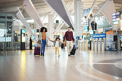 Buy stock photo Family at airport with hand holding and travel with luggage, parents and child walking, ready for vacation and flight. Trust, adventure and people together at airline, transportation and journey