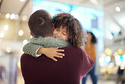 Buy stock photo Family, dad and child hug at airport, travel and girl greeting man after flight, happiness and love with luggage at terminal. Happy, care and bond with trip, bag and welcome home with reunion