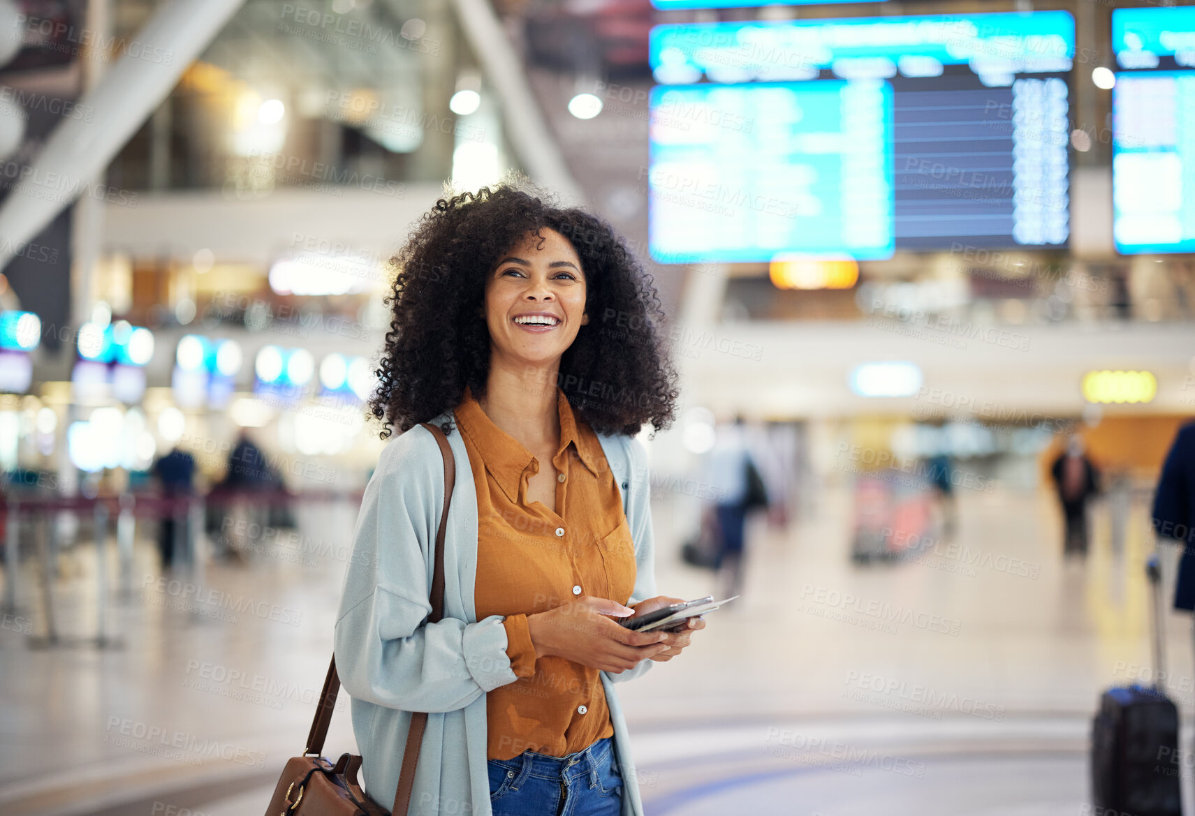 Buy stock photo Black woman at airport, travel and passport with happiness, excited for holiday, plane ticket and boarding pass. Freedom, smile on face and flight with transportation, vacation mindset at terminal