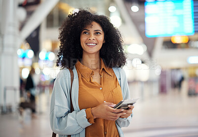 Buy stock photo Black woman at airport, travel and passport with smile, ready for holiday, plane ticket and boarding pass. Freedom, immigration and flight with transportation, vacation mindset at terminal