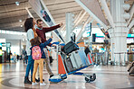 Family at airport, travel and vacation with luggage, mother and father with child, ready for flight and adventure. Terminal, journey and holiday with black woman, man and kid with suitcase on trolley