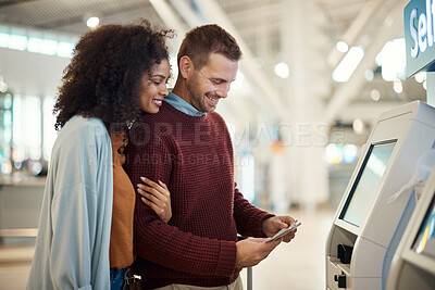 Buy stock photo Airport, payment and couple with ticket for self service, checkout or online booking on machine. Paying, man and woman happy, hug and bonding while at POS for flight schedule, travel and information