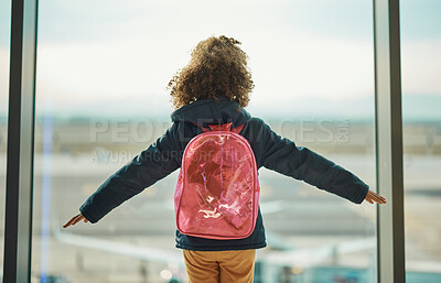 Buy stock photo Girl kid, looking and airport window for greeting, goodbye and flying on airplane, international transport or travel. Child, back and watch takeoff by glass for global immigration, young and playing