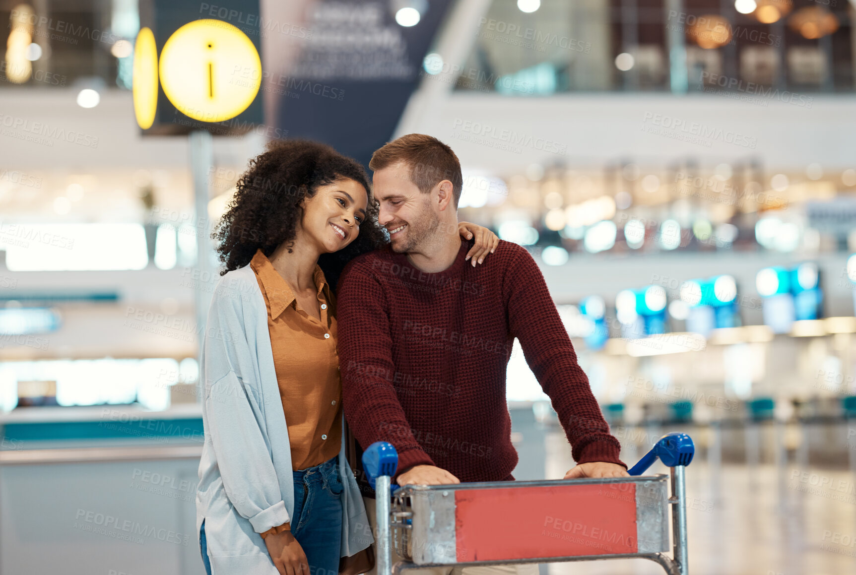 Buy stock photo Travel, airport and couple with smile, luggage and suitcase for holiday, vacation and global adventure. Plane transport, love and interracial man and woman happy, excited and hug waiting for flight