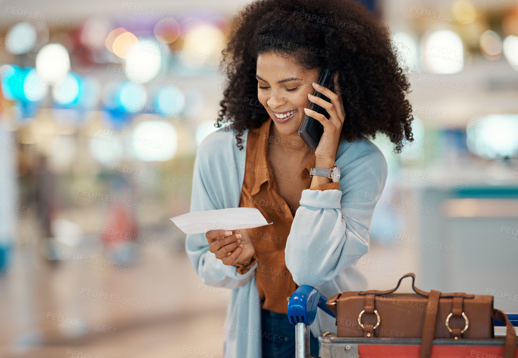 Buy stock photo Phone call, airport and black woman with travel ticket, luggage and suitcase for global trip. International transport, communication and girl with smartphone for schedule, talking and flight details