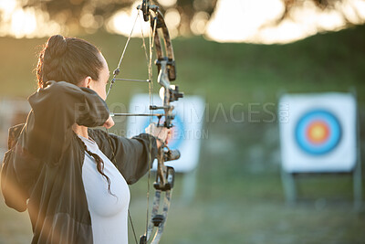 Buy stock photo Sports archer, target and bow and arrow training for archery competition, athlete challenge or girl field practice. Shooting, objective and competitive woman focus on precision, aim or mock up