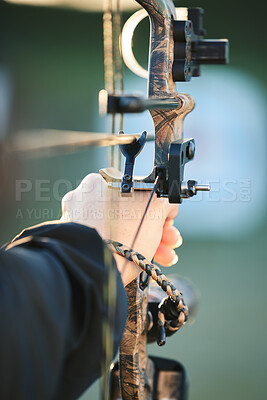 Buy stock photo Sports archer, hands and bow and arrow training for archery competition, athlete challenge or girl field practice. Shooting, talent and competitive woman focus on precision, aim or outdoor objective