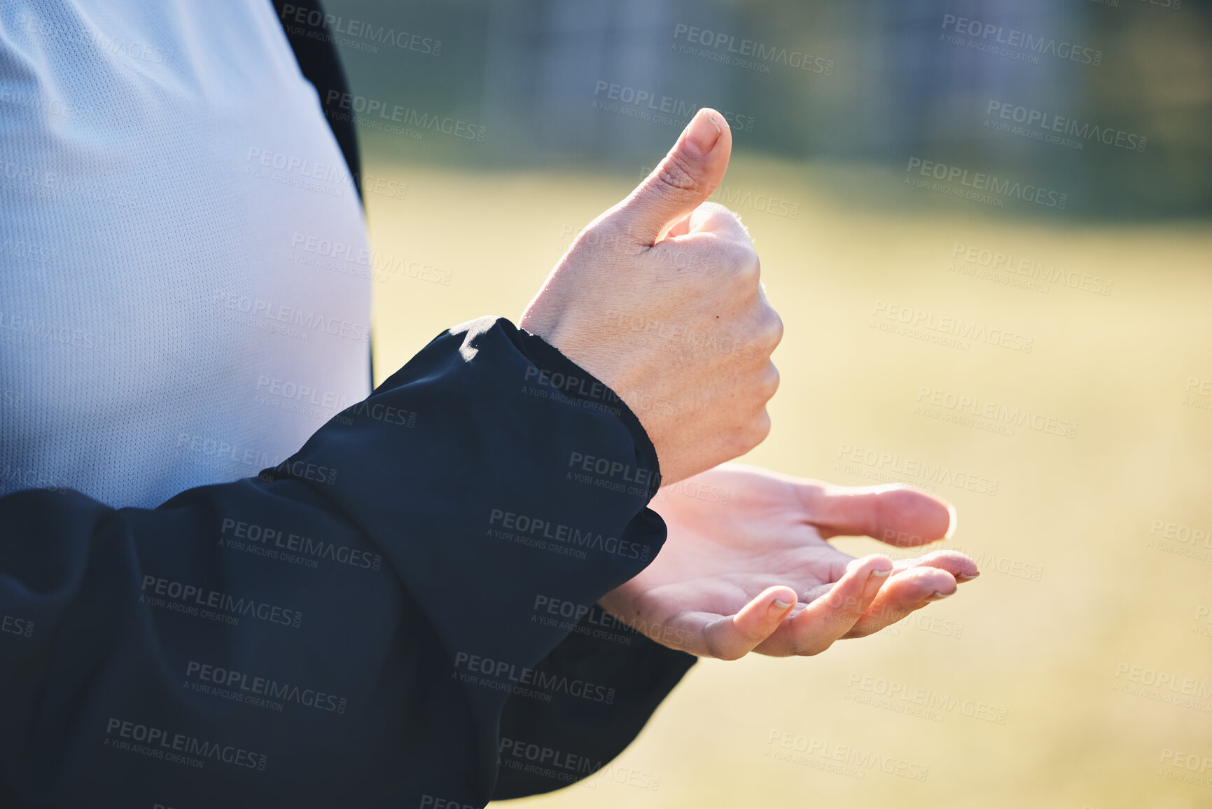 Buy stock photo Woman, hands and thumbs up for good job, winning or success in sports training, exercise or workout in nature. Hand of female showing thumb emoji, yes sign or like for sport motivation outdoors