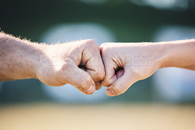 Buy stock photo Fist bump, hands and outdoor with touch, teamwork and greeting for respect, support and motivation. Man, woman and hand together for connection, partnership and team building for sport, deal or goal
