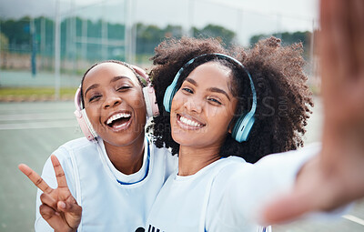 Buy stock photo Friends, selfie and black women in portrait, netball and sports with team on court outdoor, smile and peace hand sign. Face, headphones and gen z with fitness, train for game and happy in picture