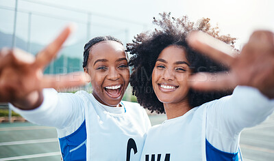 Buy stock photo Black woman, friends and portrait smile with peace sign for sports, netball or team on the court outdoors. Happy African American women smiling showing peaceful hand sign or emoji for sport day