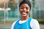Portrait, black girl with netball and sport with smile, fitness and training for game outdoor, happy teen and ready. Exercise, athlete and African female and face, healthy and active lifestyle