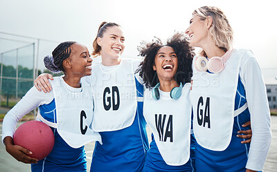 Buy stock photo Netball, team and friends laugh, women on outdoor court together and funny, sports and diversity. Happy athlete group, training for game and gen z with fitness and trust with support and humor