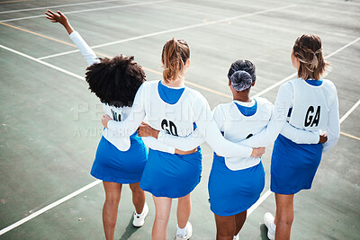 Buy stock photo Sports hug, back and team for netball, training support and game collaboration on a court. Teamwork, motivation and athlete girls ready to start a sport with group unity, together and bonding