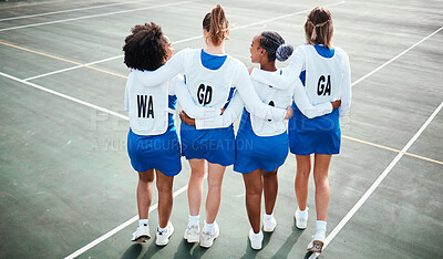 Buy stock photo Netball team, sport on court and diversity, athlete group and training for game, girls outdoor and back view. College sports, students and teamwork exercise, competition and fitness with friends