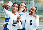 Selfie, netball team and sports women or group friends with social media post for training, exercise and happy athlete. Diversity teenager or gen z in profile picture with peace emoji hand outdoor