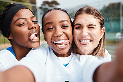 Buy stock photo Black woman, friends and silly portrait for selfie, vlog or goofy sports team in social media outdoors. Happy women funny faces for profile picture, photo or post in memory for fun netball sport day