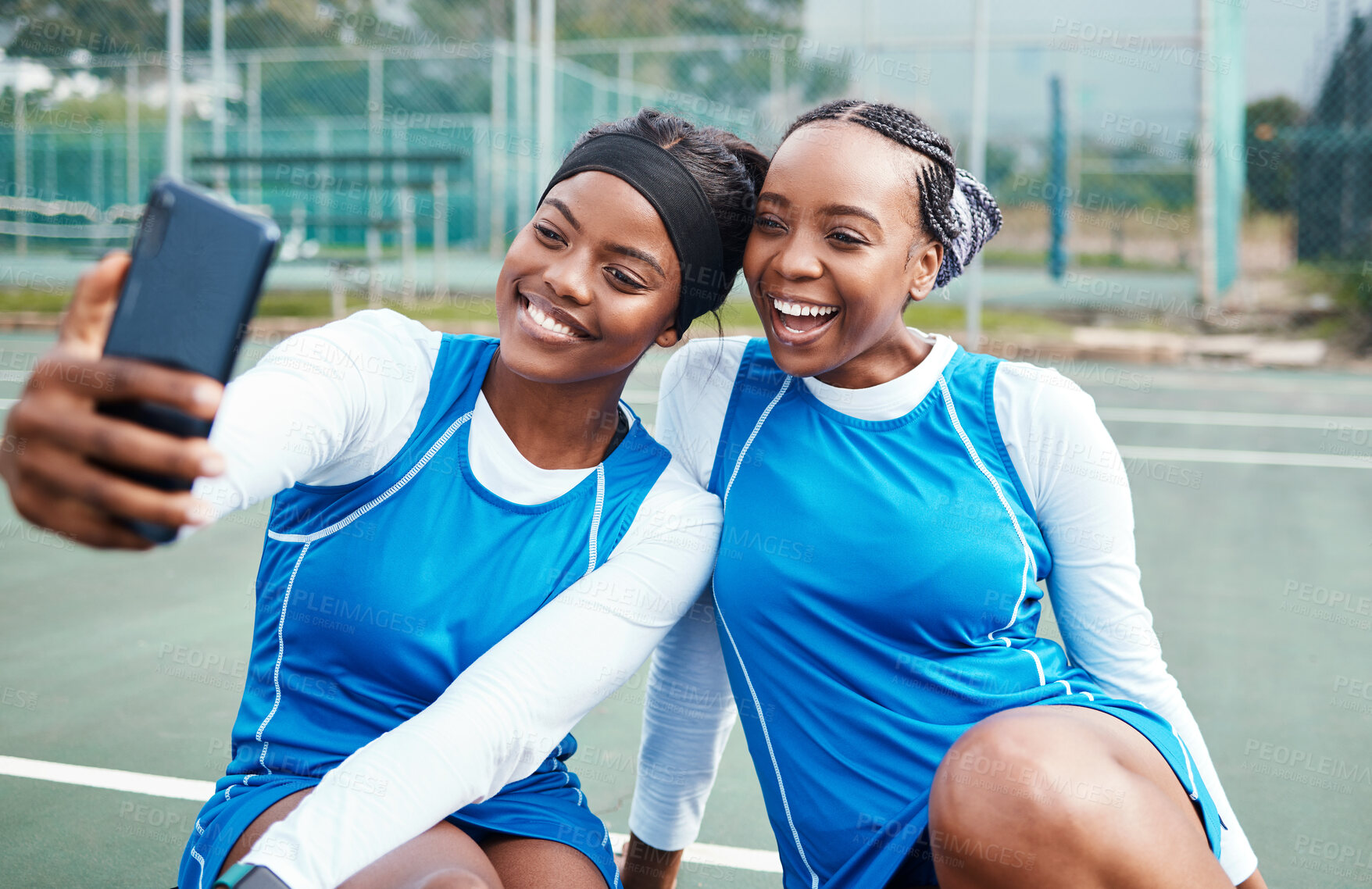Buy stock photo Black woman friends, selfie together and sport with netball team, smile or photography for social media. Gen z girl, teamwork and solidarity in profile picture at training, workout or happy in summer