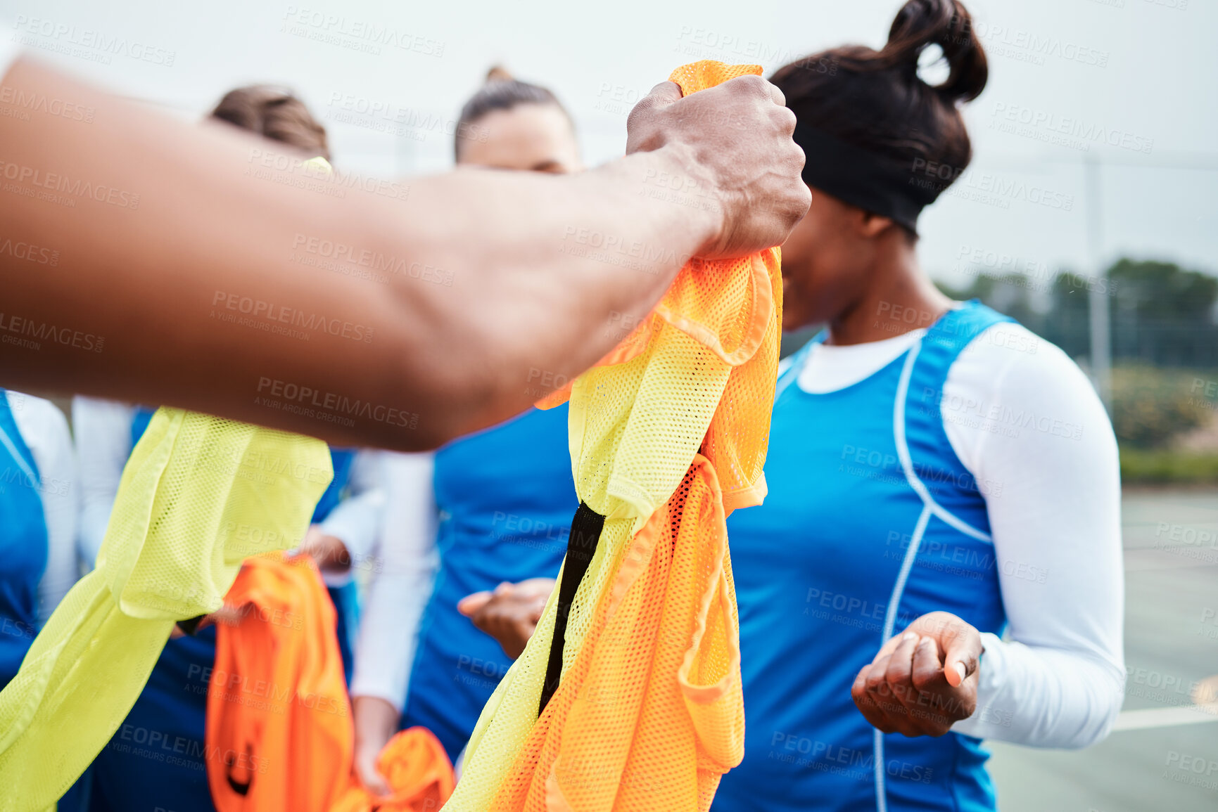 Buy stock photo Netball, team clothes and fitness, girl on court outdoor for sports, student league and train for game. Athlete, young and gen z with exercise, collaboration and competition with active lifestyle