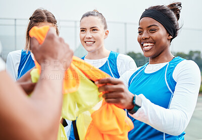 Buy stock photo Netball, team color and exercise, girl on court outdoor for sports, student league and train for game. Athlete, teen and gen z with fitness, collaboration and competition with happiness and diversity
