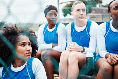 Buy stock photo Sports, netball and women talking, listening and planning strategy for game, match and practice on court. Fitness, teamwork and serious female athletes ready for exercise, training and competition