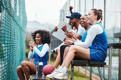 Buy stock photo Court, netball and happy coach with women on stand watching game, match and practice on court. Coaching, teamwork and female athletes cheer for support, motivation and excited for sports competition