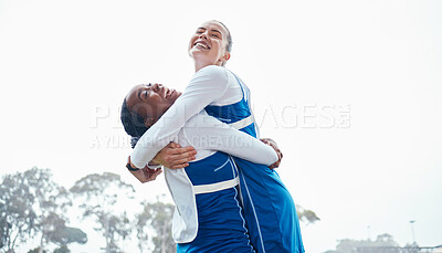 Buy stock photo Hug celebration, sports success or team support in netball training game or match with goals on court. Teamwork, fitness friends or excited young athlete girls with happy smile or winning together  