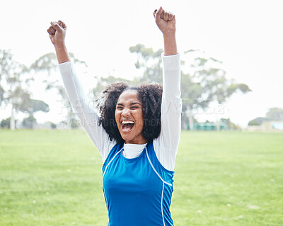 Buy stock photo Black woman, celebration and smile for winning, success or sports victory and achievement on grass field outdoors. Happy African American female smiling and celebrating win, goal or accomplishment