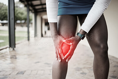 Buy stock photo Fitness, netball and knee pain with leg of black woman for sports injury, accident and joint inflammation. Training, exercise and emergency with girl athlete and hand for pain, suffering and strain