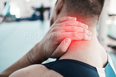 Buy stock photo Neck pain, sport injury and person with fitness, muscle tension or hand, gymnast at gym and red overlay. Sports accident, medical emergency and competition with gymnastics, inflamed of joint