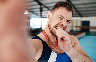Buy stock photo Sports, gymnastics and selfie with man and medal for award, social media and celebration. Fitness, workout and winner with athlete and training in gym arena for gold, achievement and competition